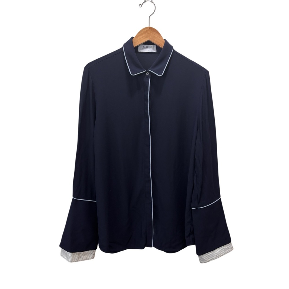 La Ligne Navy Blue Button Down Blouse With Oversized Cuff